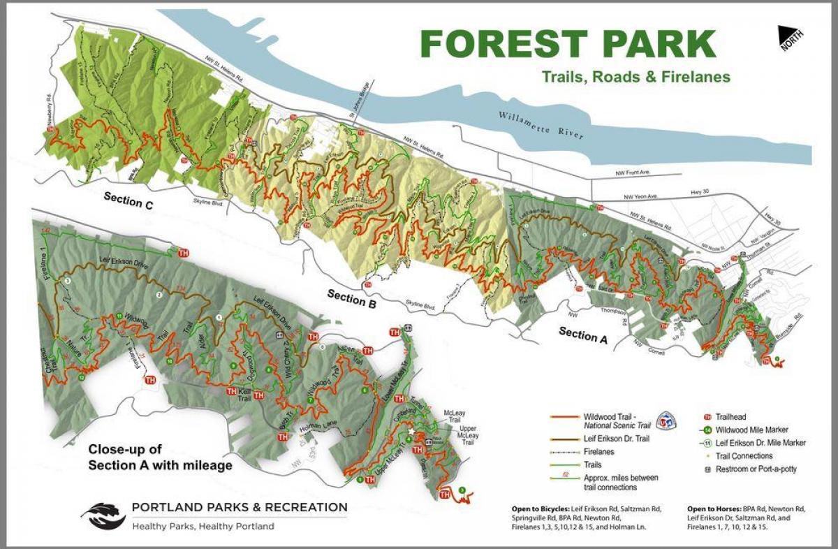 Forest Park Portland roete kaart